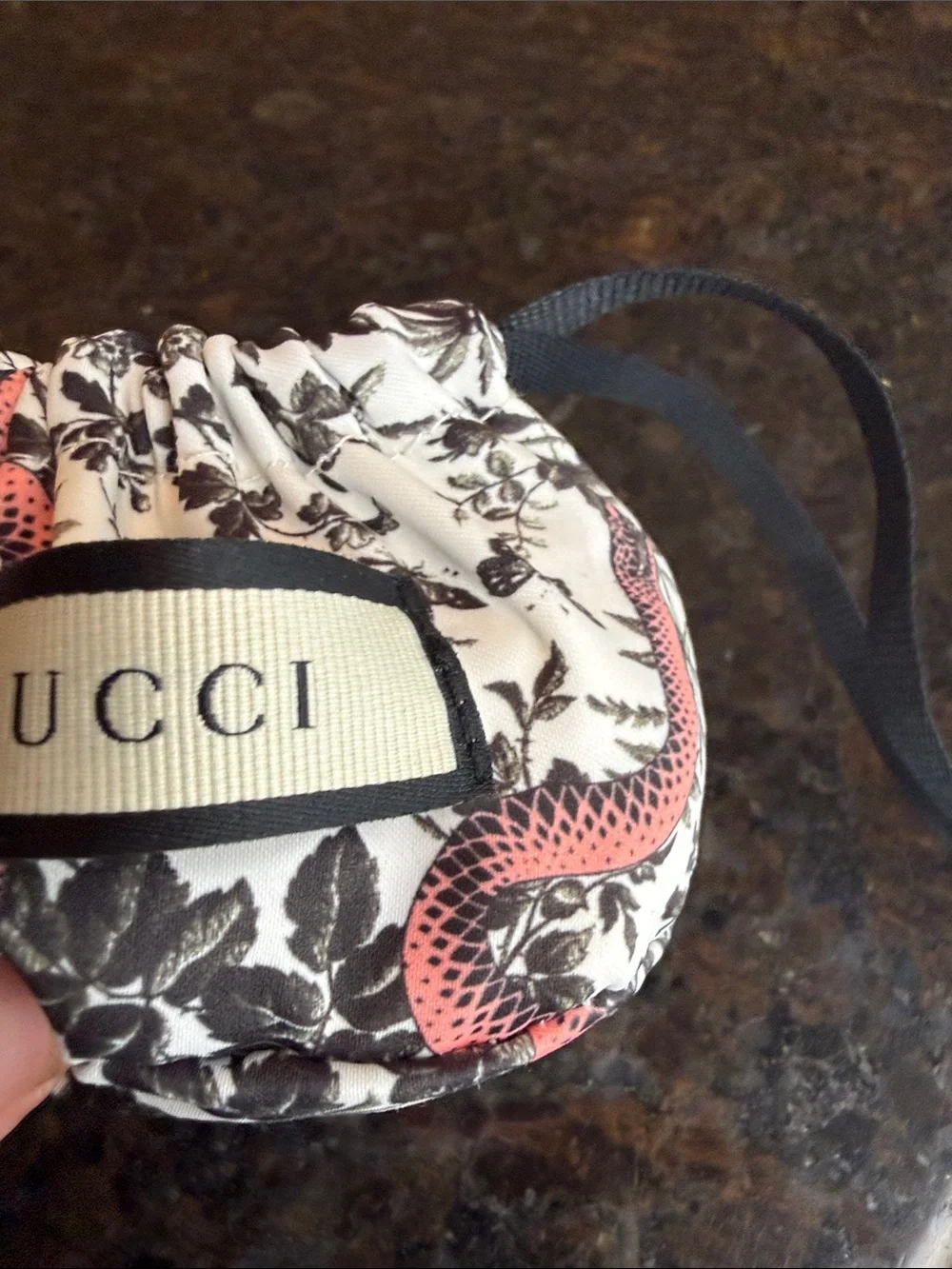 Source Unknown GG Cream Drawstring  Pouch with Pink Snake and Black Floral Print